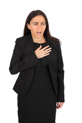 Beautiful woman doing different expressions in different sets of clothes: heart attack