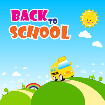 Back to school text, school bus on the green field with sun rain