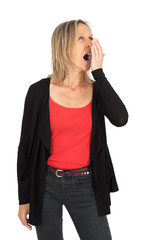 Fototapeta premium Beautiful woman doing different expressions in different sets of clothes: yawn