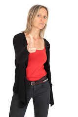 Beautiful woman doing different expressions in different sets of clothes: gun sign