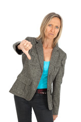 Fototapeta premium Beautiful woman doing different expressions in different sets of clothes: thumbs down