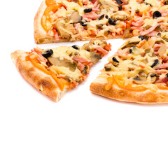 Pizza with cheese and ham isolated on white