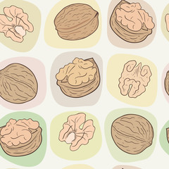 Shelled and whole walnuts. Vector seamless pattern, eps10.
