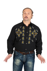 Fototapeta premium Handsome man doing different expressions in different sets of clothes: innocent