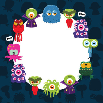 Funny frame with cartoon monsters for your text or photo. Vector template.