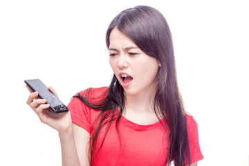 Naklejka premium Chinese woman frowning at broken cell phone