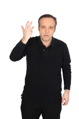 Naklejka premium Handsome man doing different expressions in different sets of clothes: you are crazy