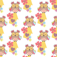 Beautiful seamless pattern with cute owls and birdhouse