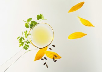 Sunflower oil on spoon; flower petals; sunflower seeds