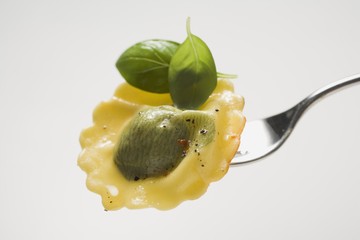 Spinach ravioli with fresh basil on fork