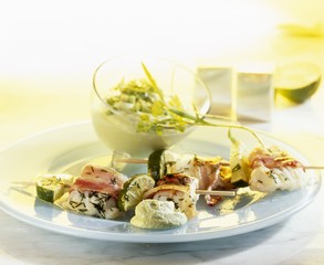 Monkfish skewers with avocado mayonnaise