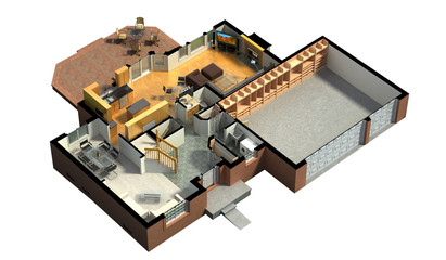 3D rendering of a furnished residential house, with the second floor, showing the staircase, bedrooms, bathrooms and walk-in closets and storage.