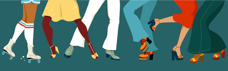 Legs of a group of people dressed in 1970s fashion dancing disco, vector illustration, no transparencies, EPS 8