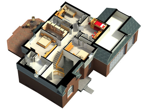 3D rendering of a furnished residential house, with the second floor, showing the staircase, bedrooms, bathrooms and walk-in closets and storage.