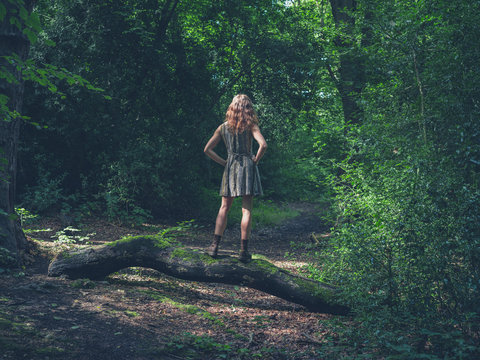 Young woman standing on a log in the forest