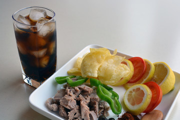 Tuna Salad, Soda, Lemon, Tomato, Fish plate