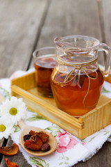 Sweet drink made from dried fruits on wooden background