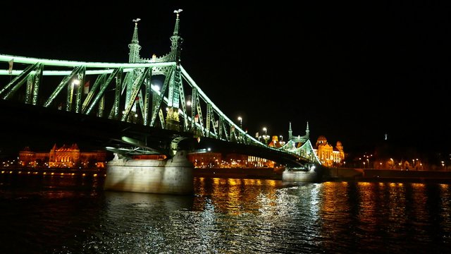 Panoramic view of Budapest with the famous Liberty Bridge at night.
