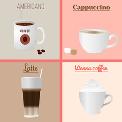 Four cups of coffee set. Illustration of four cups of coffee - cappuccino, americano, latte and Vienna coffee. Isolated vector illustration for your design
