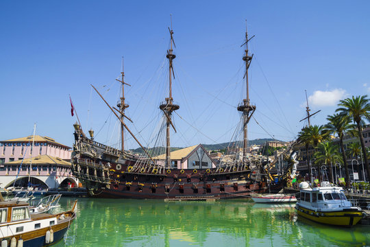 The "Neptune" Galleon built for Roman Polanski's film " Pirates", in the old port of Genoa, Italy.