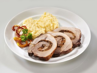 Rolled pork roast with mashed potato