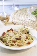 Spaghetti with mushrooms, chorizo and cream sauce