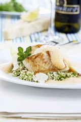 Fried zander on barley and herb risotto