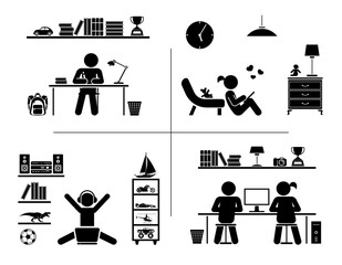 Pictogram icon set. Children learning in their room.