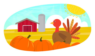 Turkey Day - Cute clip art of turkey and pumpkins in front of a farm. Eps10