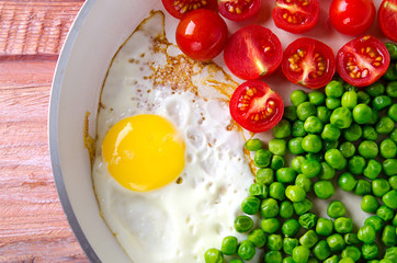 Breakfast with fried egg, green peas and cherry tomatoes