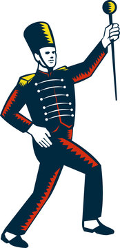 Drum Major Marching Band Leader Woodcut