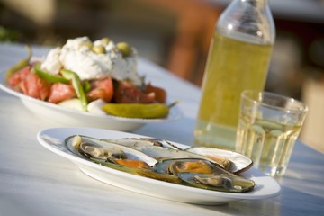 Mussels, Greek salad and white retsina