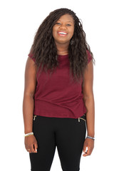 Beautiful woman doing different expressions in different sets of clothes: joy