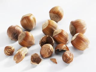 Several unshelled and shelled hazelnuts with shell
