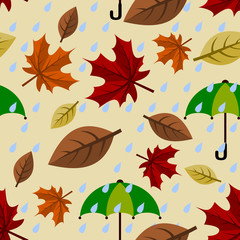 Editable Vector Illustration of Rainy Autumn Falling Leaves Seamless Pattern For Creating Background and Decorative Element of Nature and Season Related Design