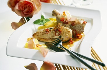 Chicken bits with pineapple, chilli and rose jelly