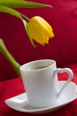 A cup of espresso with a tulip