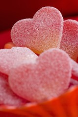 Fototapeta na wymiar Red, sugared jelly hearts in a dish