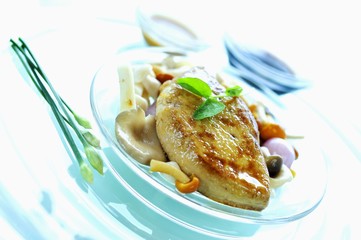 Fried goose liver with mushrooms