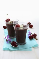 Chocolate pudding with cherries and cream