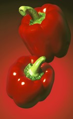 Two red peppers against a red background