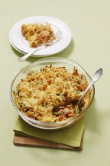 Rice bake with sausage, mushrooms, vegetables and cheese