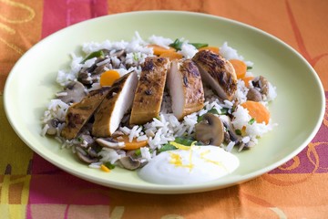 Chicken breast on a bed of rice with carrots, mushrooms and a yogurt dip