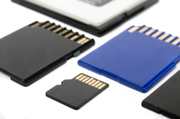 Media cards isolated on white background closeup