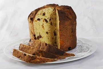 Panettone (Italian Christmas cake with raisins), sliced