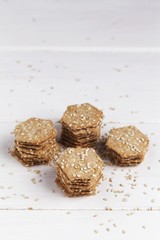 Stacks of sesame crackers