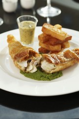 Fish and chips with mushy peas