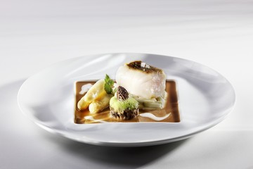 Pollack with asparagus and morel mushrooms