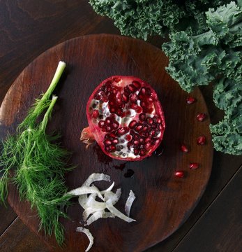 Ingredients For A Kale And Pomegranate Salad; From Above