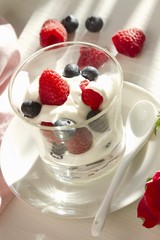 Creamy yoghurt dessert with raspberries and blueberries